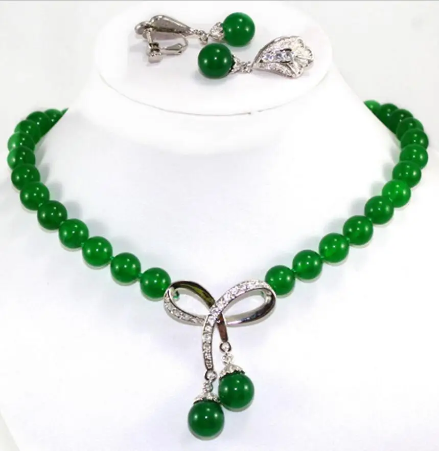 

noblest 10mm green necklace 17 inch + pendant & earrings set