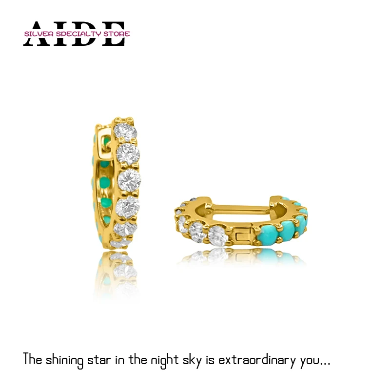 

AIDE Real 925 Sterling Silver Reversible Wear Turquoise Zircon Hoop Earrings For Women Huggie Earring Jewelry Gifts Brinco Aros