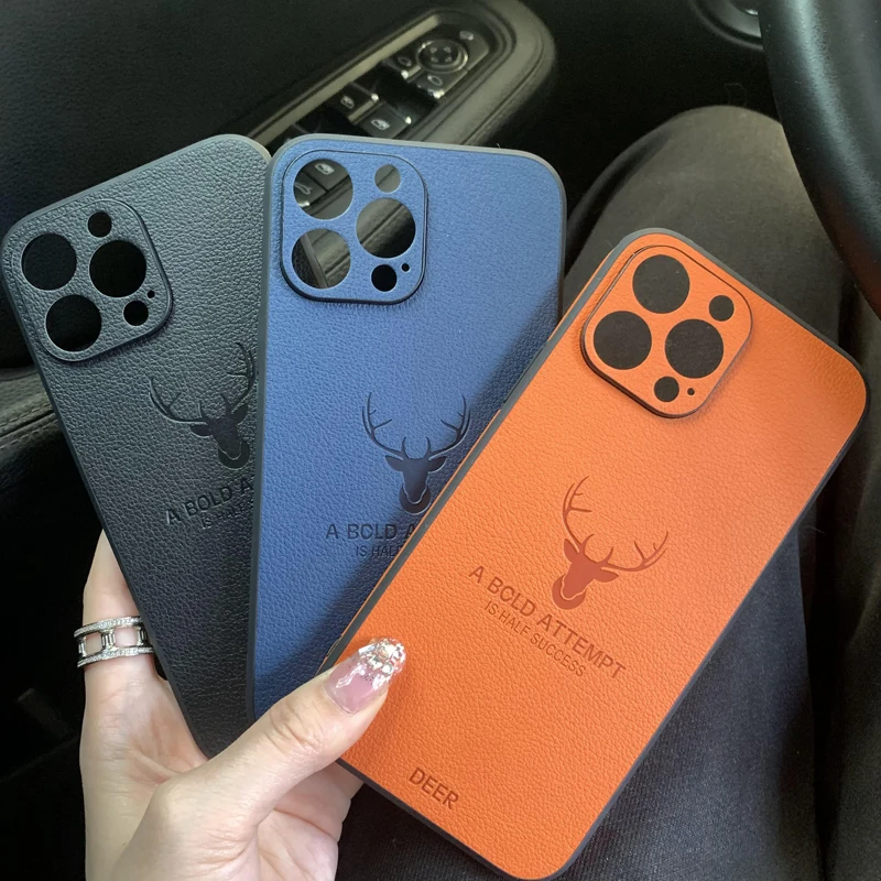 

Luxury Leather Texture Deer Pattern Shockproof Armor Case For iPhone 13 12 11 Pro Max Mini X XR XS Full Camera Protection Cover