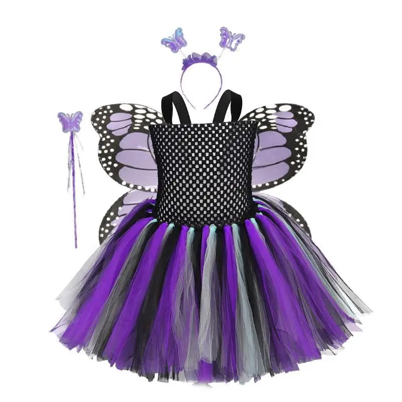 

2020 New Purple Fairy Butterfly Tutu Dress Girl With Wings Fancy Birthday Party Dresses Kids Cosplay Halloween Costume2-10Y