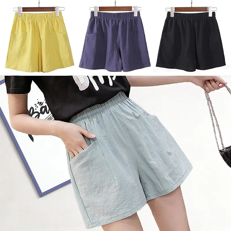 New Cotton Linen Shorts Women's High-waisted Short Pants Loose Elastic Waist Summer Large Size Casual Wide-leg pants Solid Color