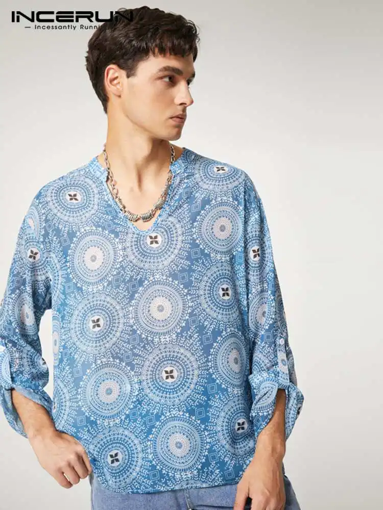 

2022 Men Printing T Shirt V Neck Long Sleeve Loose Streetwear Vintage Casual Camisetas Breathable Leisure Men Clothing INCERUN