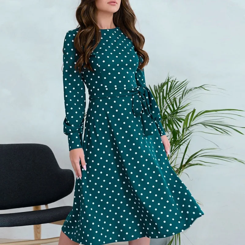 

AliExpress2022Spring and Summer New Women's Clothing Polka Dots Green Long Sleeve Lace-up Elegant Dress