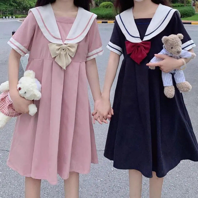 

Short Sleeve Dress Women Bow Patchwork Sailor Collar Pleated JK Japanese Style Sweet Kawaii Pleated A-Line Students Harajuku New