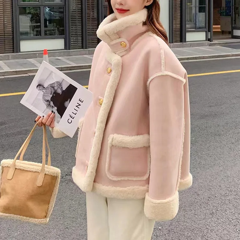 

Женская кашемировая куртка с коротким рукавом, розовая однотонная куртка свободного покроя с отстрочкой, утепленная куртка в Корейском стиле, зима 2023