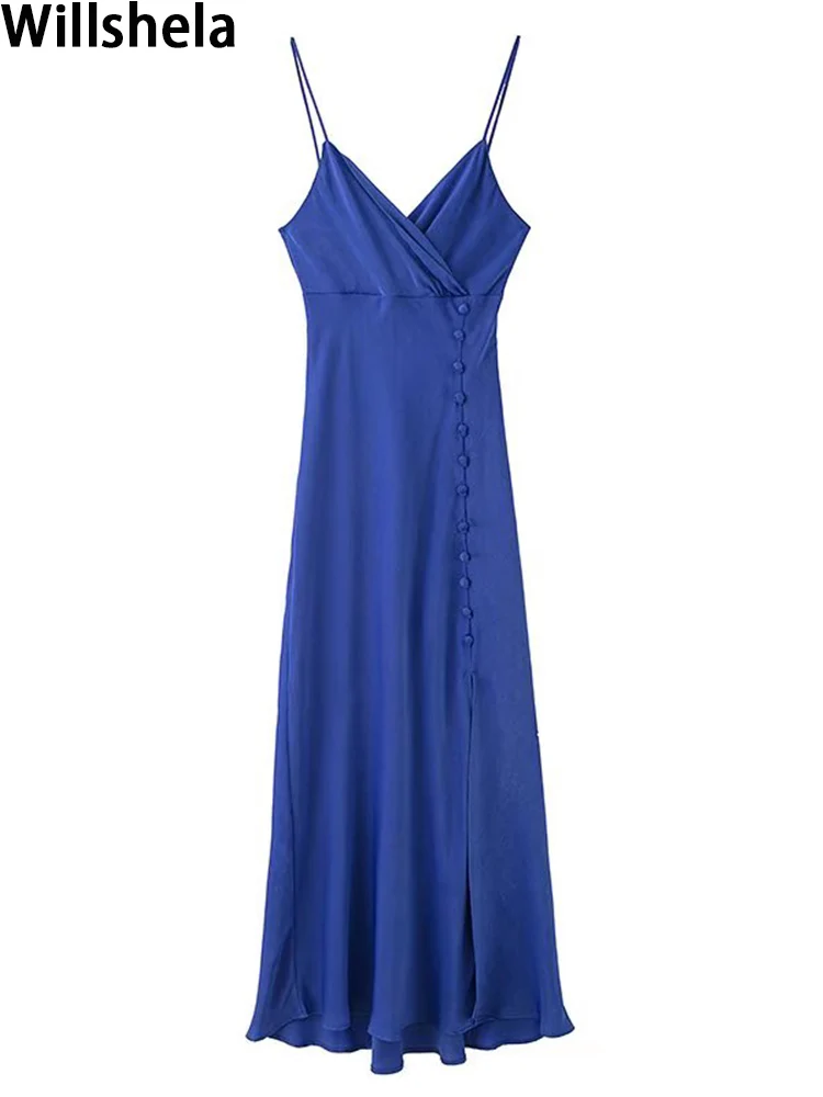 

Willshela Women Fashion With Button Solid Side Slit Maxi Dress Vintage Thin Straps V-Neck Female Chic Lady Dresses