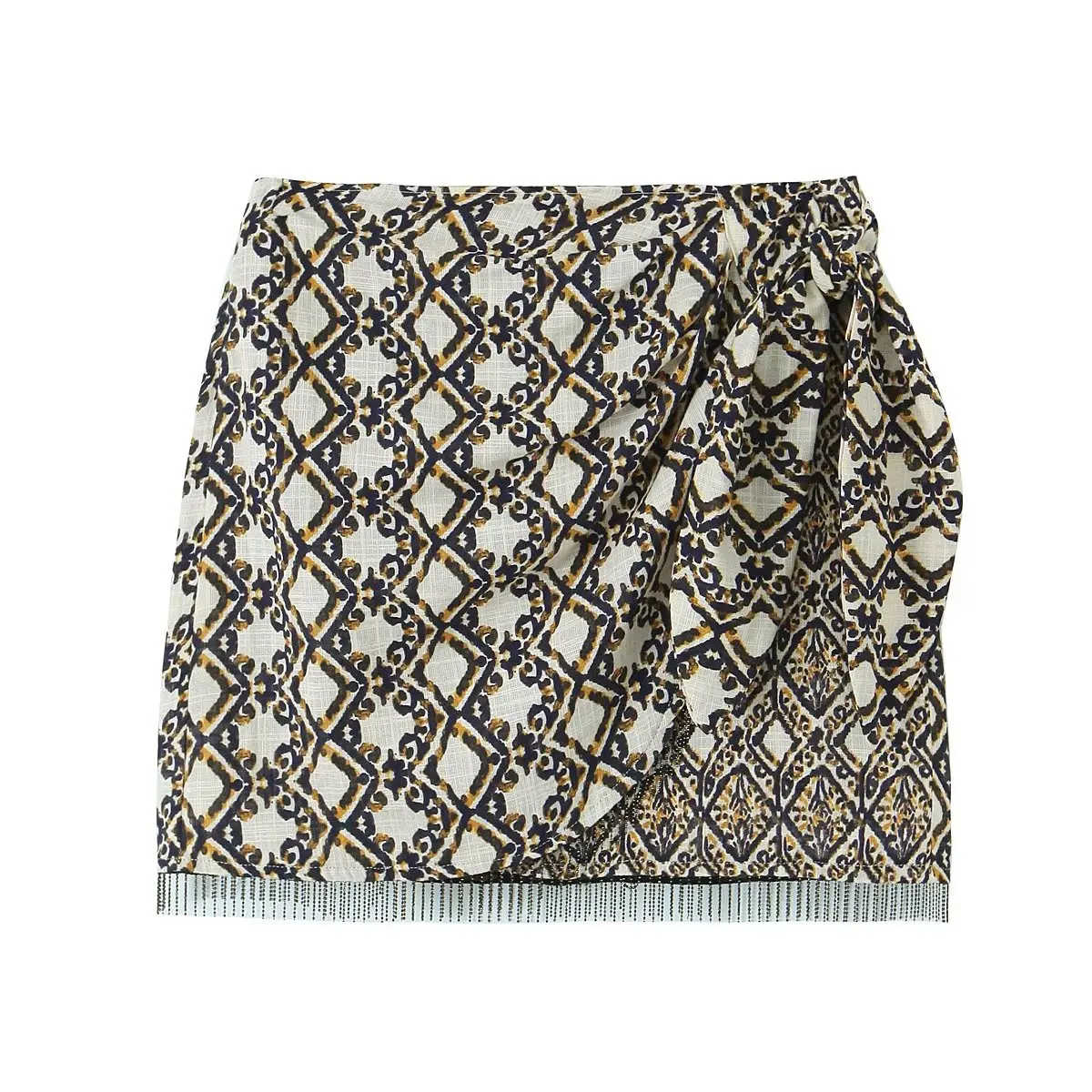 

PB&ZA Women 2023 New Fashion Tassels With Knot Printed Vent Midi Skirt Vintage High Waist Back Zipper Female Mujer