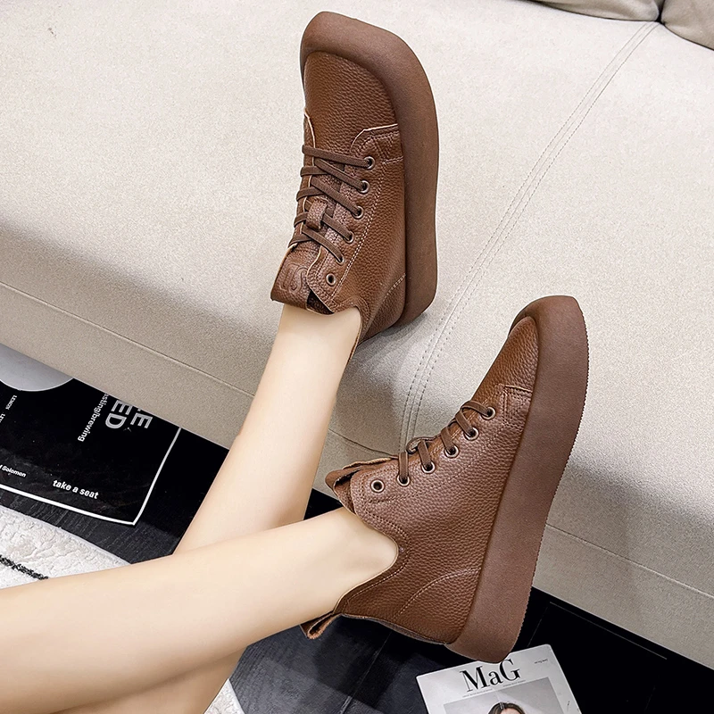 

Square toe ankle boots 2022autumn and winter new thick-soled casual retro flat leather boots fashion soft leather high-top shoes