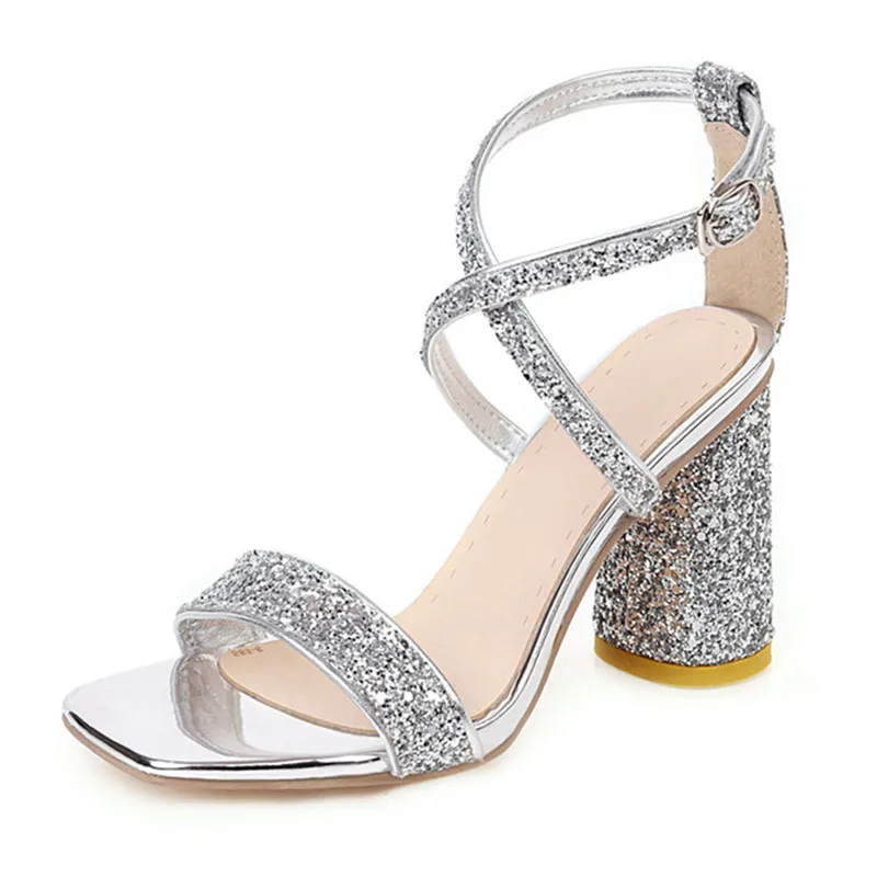 

Open Toe Woman Summer Shoes Silver Gold Snake Print Buckle Strap Block High Heels Women Sandals Bling Sequin Wedding Dress Shoes