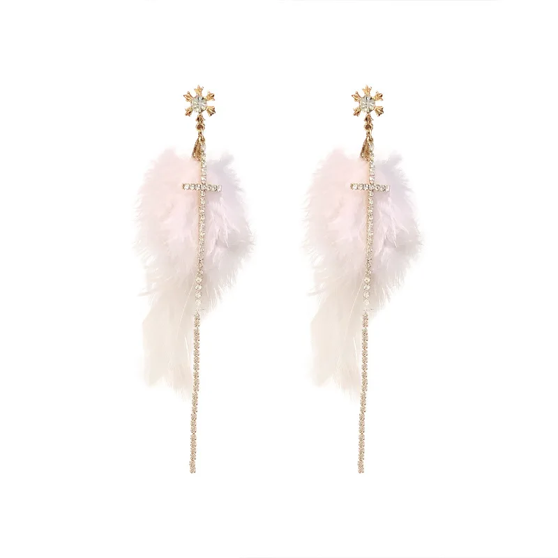 Korea New Fund of Feather Tassel of 925 Silver Needle ACTS Role Ofing Crosses to Set Diamond to Grow Paragraph Earrings NA