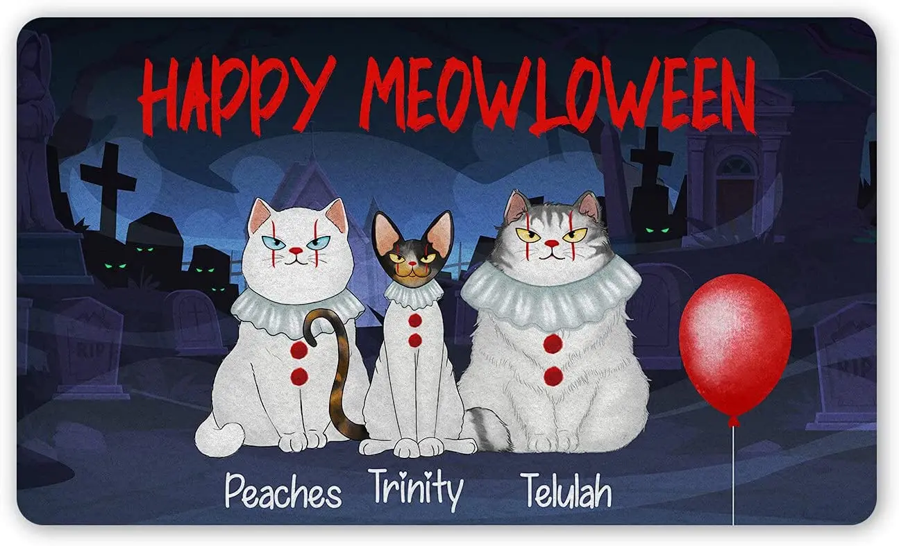 

Happy Meowloween, пушистые кошки, красный воздушный шар, кошка на заказ, дверной коврик с именем, уличный Забавный приветственный дверной коврик, ко...