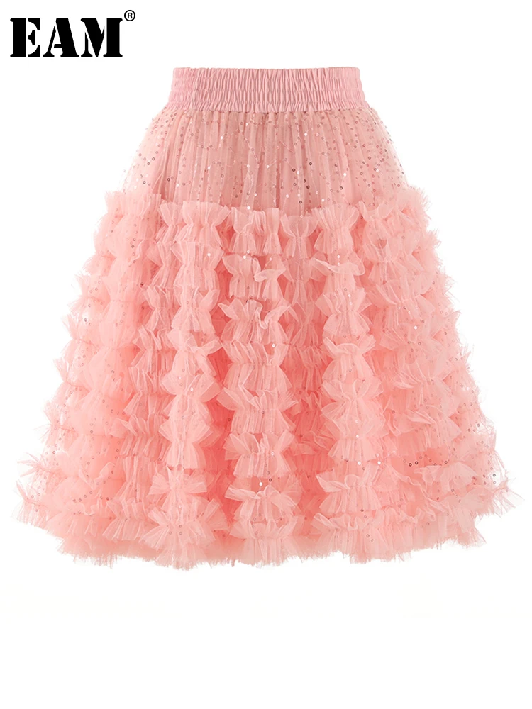 

[EAM] High Elastic Waist Gray Color Sequins Mesh Mini Cake Half-body Skirt Women Fashion Tide New Spring Summer 2023 1DF7600