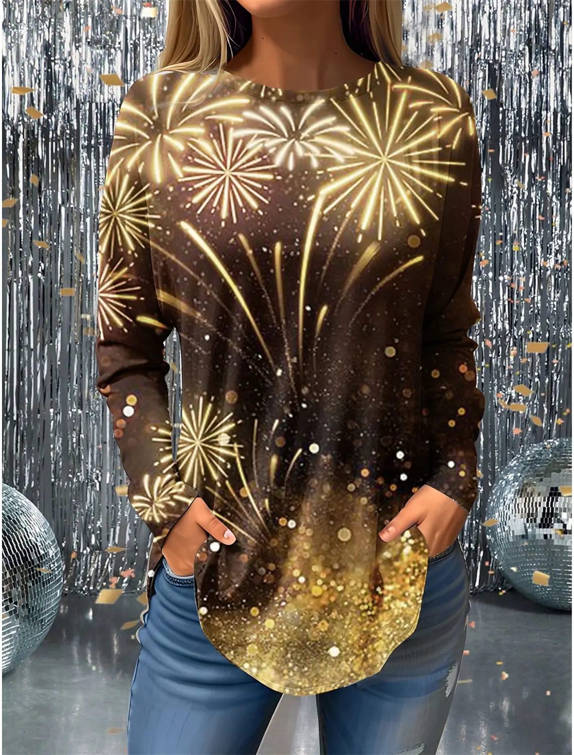 

Women's T-Shirt Happy New Year Graphic Clothing 2024 New in Oversized 3D Letter Long Sleeve Tops Pullover For Ladies Tops Tees