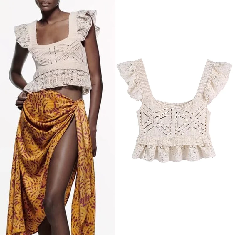 Весна-лето 2022 женская мода жаккардовый вязаный жилет с кружевными панелями