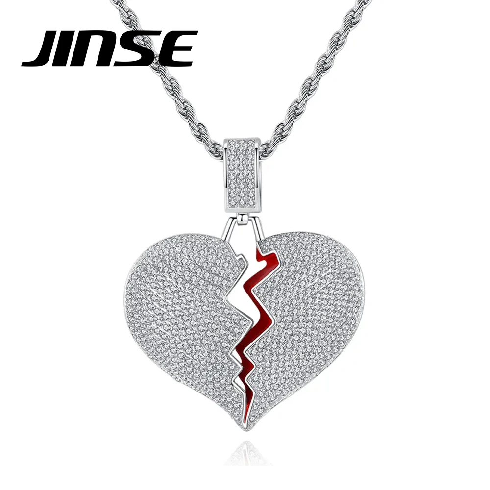 

JINSE Luxury Cubic Zirconia Silver Color Necklaces Charm Red Oil Broken Heart Pendant Neck Chains for Men Woman Hip Hop Jewelry
