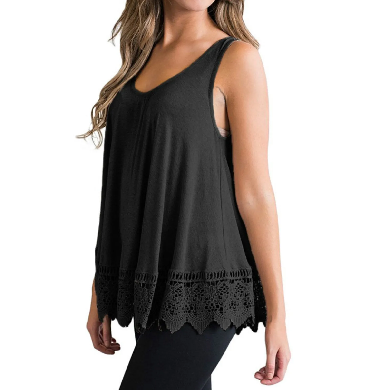 

Women's Summer Solid Round Neck Hem Lace Casual Fashion Versatile Large Tank Top T Shirt