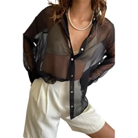 womens sexy see through loose blouse ladies solid lapel collar long sleeve button down shirt for summer autumn female clothing