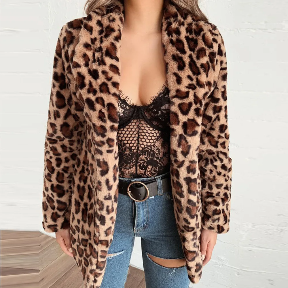 Women's Leather Fur Coat Leopard Print Stud for Autumn and Winter Imitation Fur Coat Top Female Faux Fur Coat