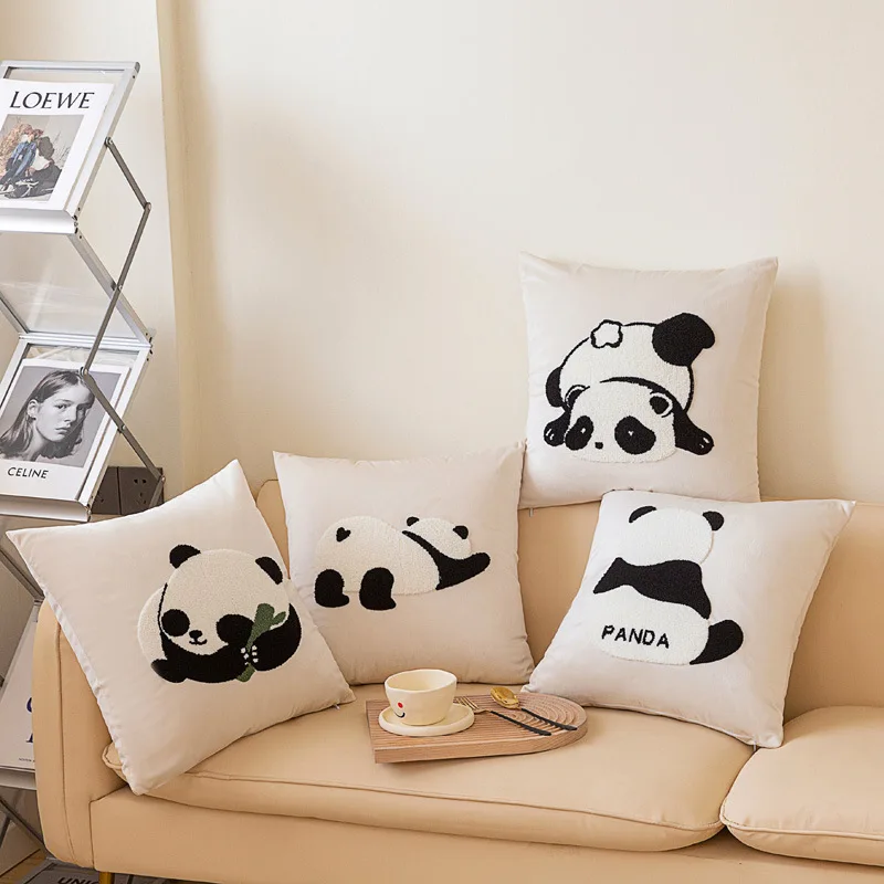

Cartoon Panda Embroidered Cushion Cover 45*45 Soft Velvet Pillow Cases Black and White Minimalist Pillow Cover Home Sofa