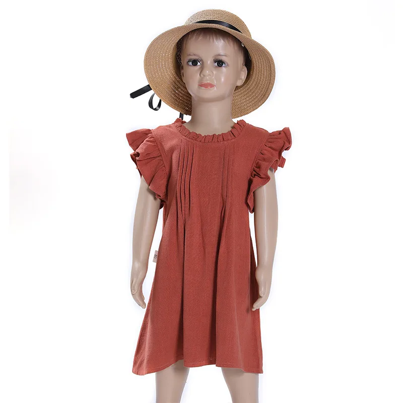 

Princess Dress Lace Flying Sleeves Solid Color Linen Girls Dress Retro Children's Dress