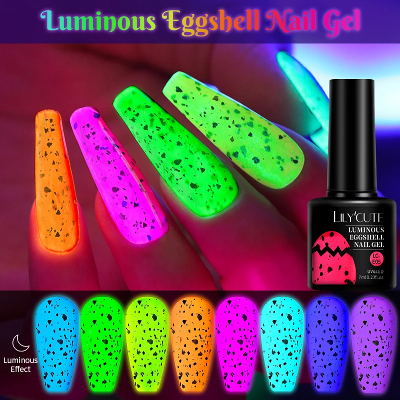 LILYCUTE 7ML Neon Luminous Eggshell Gel Nail Polish Spring Fluorescence Color Quail Egg Effect Glitter Nail Art Gel Top Coat