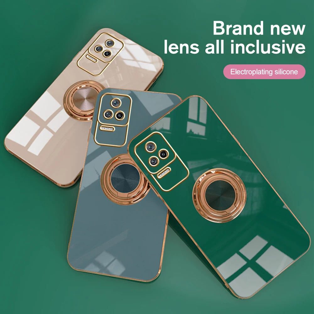 

Plated Gold Frame TPU Soft Cover For Xiaomi Poco F4 5G Case Little Poko Poxo F4 Car Magnetic Holder Ring Shockproof Coque PocoF4