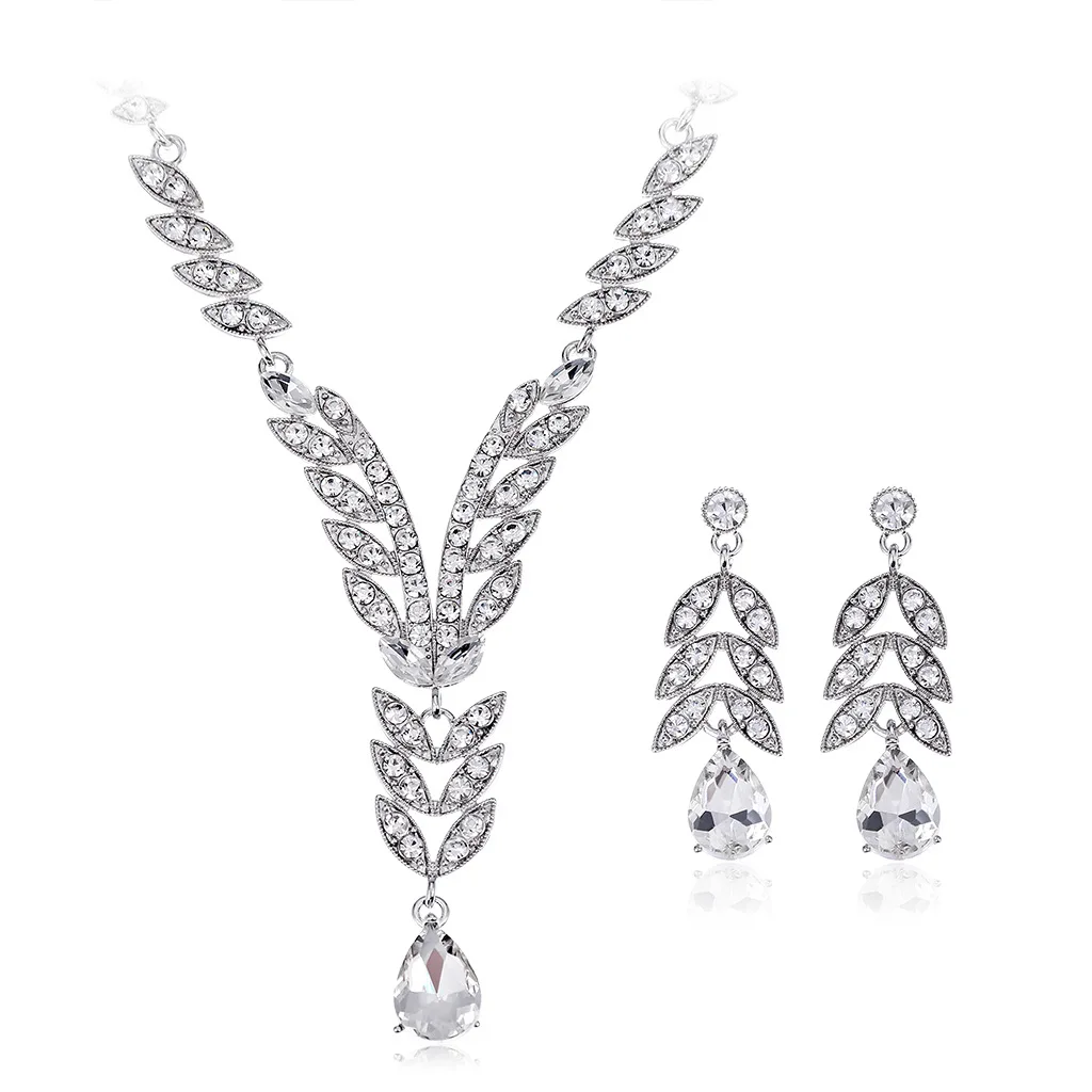 

Elegant Silver Crystal Water Drop Pendant Necklace Earrings Set Women Bridal Jewelry Luxury Rhinestones Bride Dress Accessories