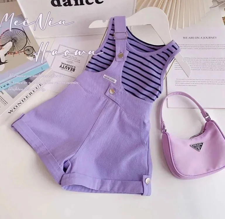 

Retail 2023 New Baby Girls Summer Teenage Fashion Suspend Sets, Striped T-shirt + Suspend Shorts Princess Suits 5-12T