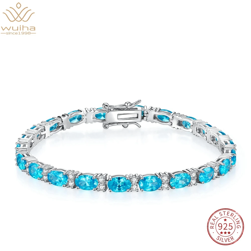 WUIHA Real 925 Sterling Silver Oval VVS Aquamarine Simulated Moissanite Cocktail Charm Bracelets for Women Gift Drop Shipping
