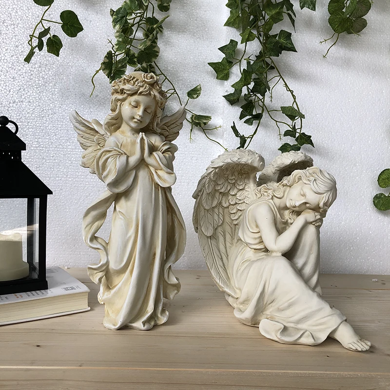 Nordic vintage style girl sculpture small gypsum figure art American Angel tabletop decorations