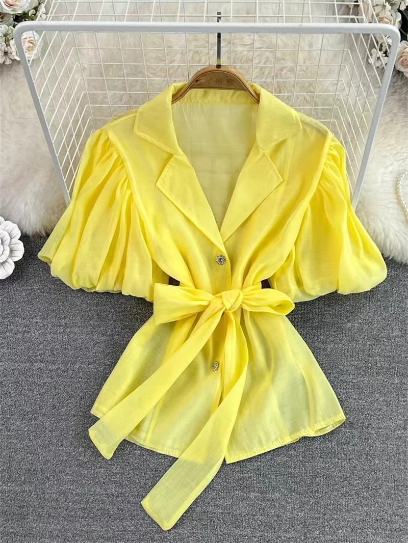 

Fashion Solid Thin Single Breasted Shirts Women Tops Short Sleeve Summer Clothing