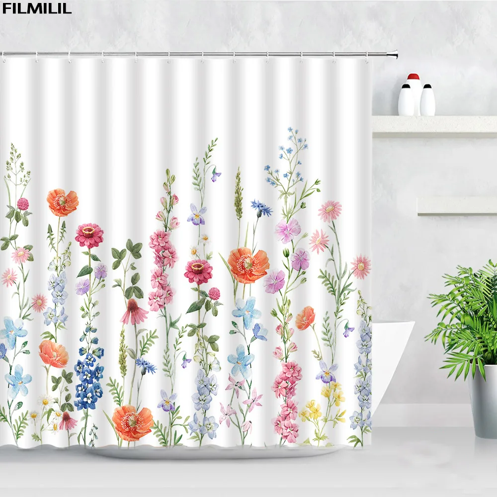 

Занавеска для душа с деревенскими цветами, s занавеска для ванной, с весенним пейзажем акварельными растениями, тканевый декоративный Компл...