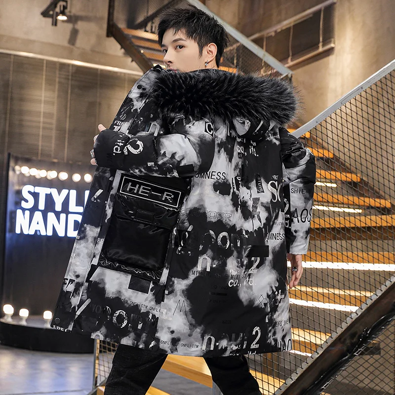 Winter coat Men's 2022 new medium length cotton coat thickened cotton jacket Student trend bright face down cotton jacket