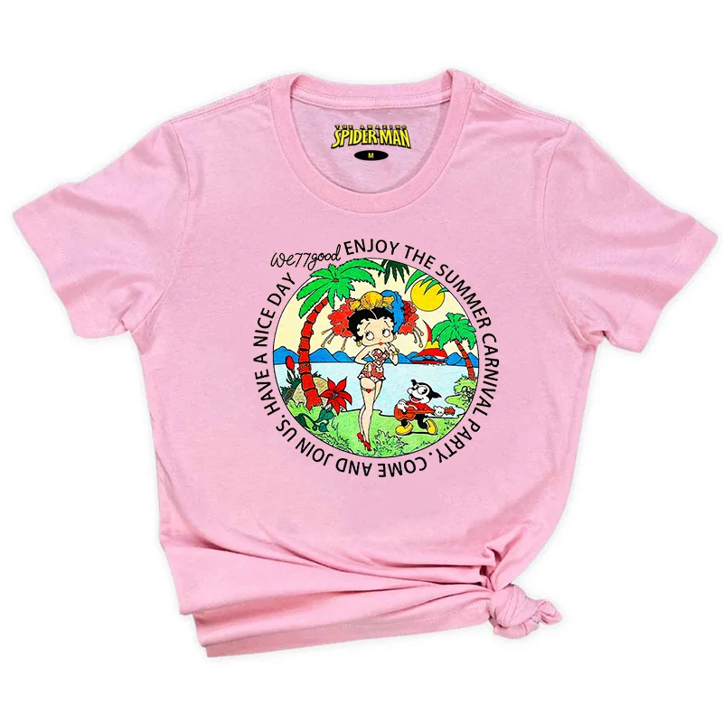 

New Arrival Vintage Style Girl's Y2K Shirts Short Sleeve Cotton Loose O Neck Cartoon Printing Tees American Fashion Summer Tops