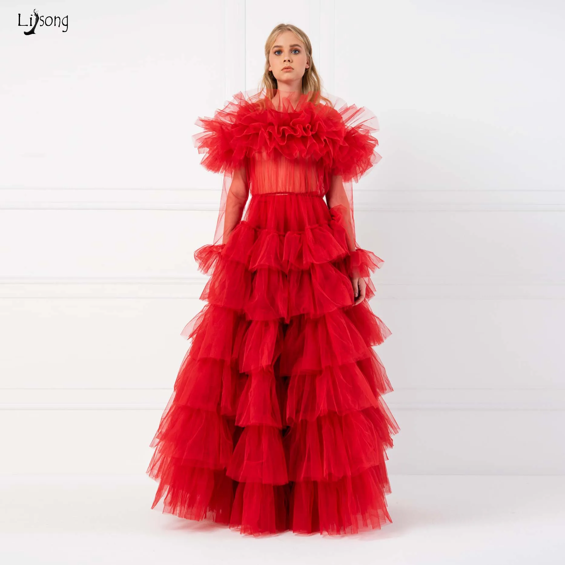 

Sweet Red Ruffles Tiered Long Tulle Women Dresses 2022 See Thru Full Sleeves A-line Tulle Robe Girl Party Dress
