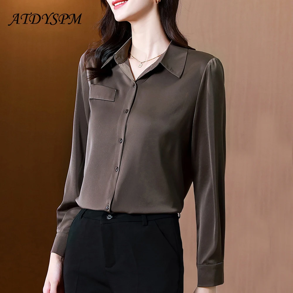 

Women's Blouses 2022 High Quality Elegant Satin Shirts Vintage Lapel Long Sleeve Straight Casual Blouses Office OL Tops Women
