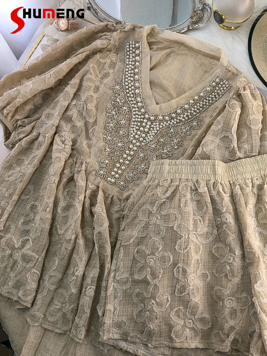 

Женская мода, женская блузка с V-образным вырезом и пышными рукавами, Новинка лета 2022, элегантный облегающий костюм из двух предметов с шорта...