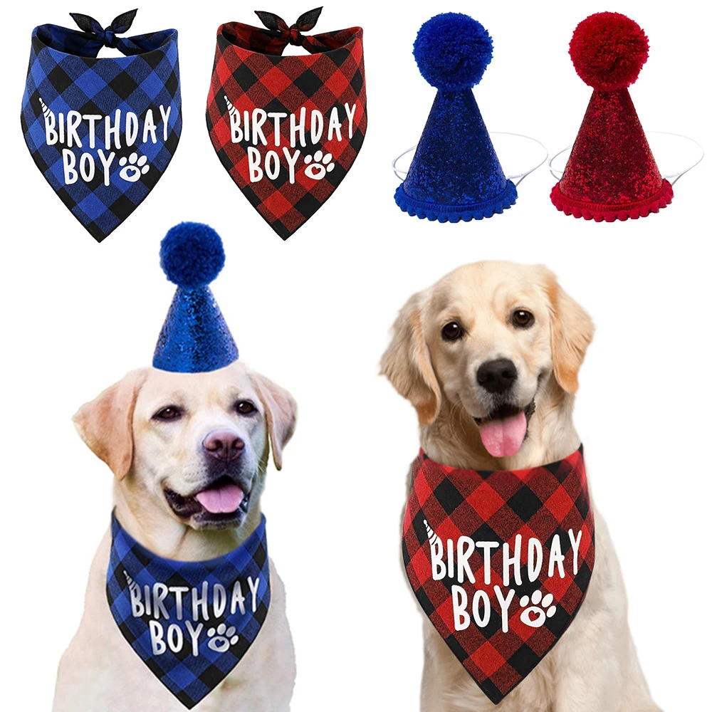

Scottish Style Pet Birthday Celebrate Scarf Washable Cotton Grid Saliva Towel Pet Hat Cat Dog Puppy Kitten Triangle Kerchief Set