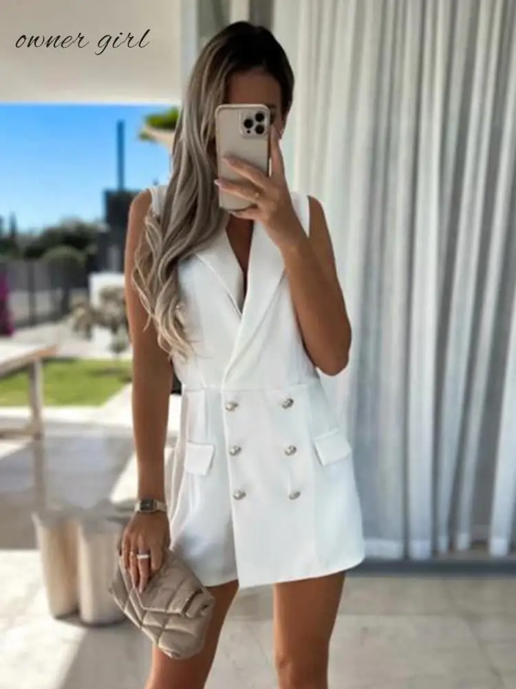 

Женский офисный комбинезон без рукавов, элегантный однотонный комбинезон с отложным воротником и шортами, лето 2019