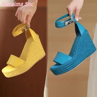 2022 summer new straw bottom sandals platform high heel wedges solid comfortable open toe microfiber buckle strap casual shoes