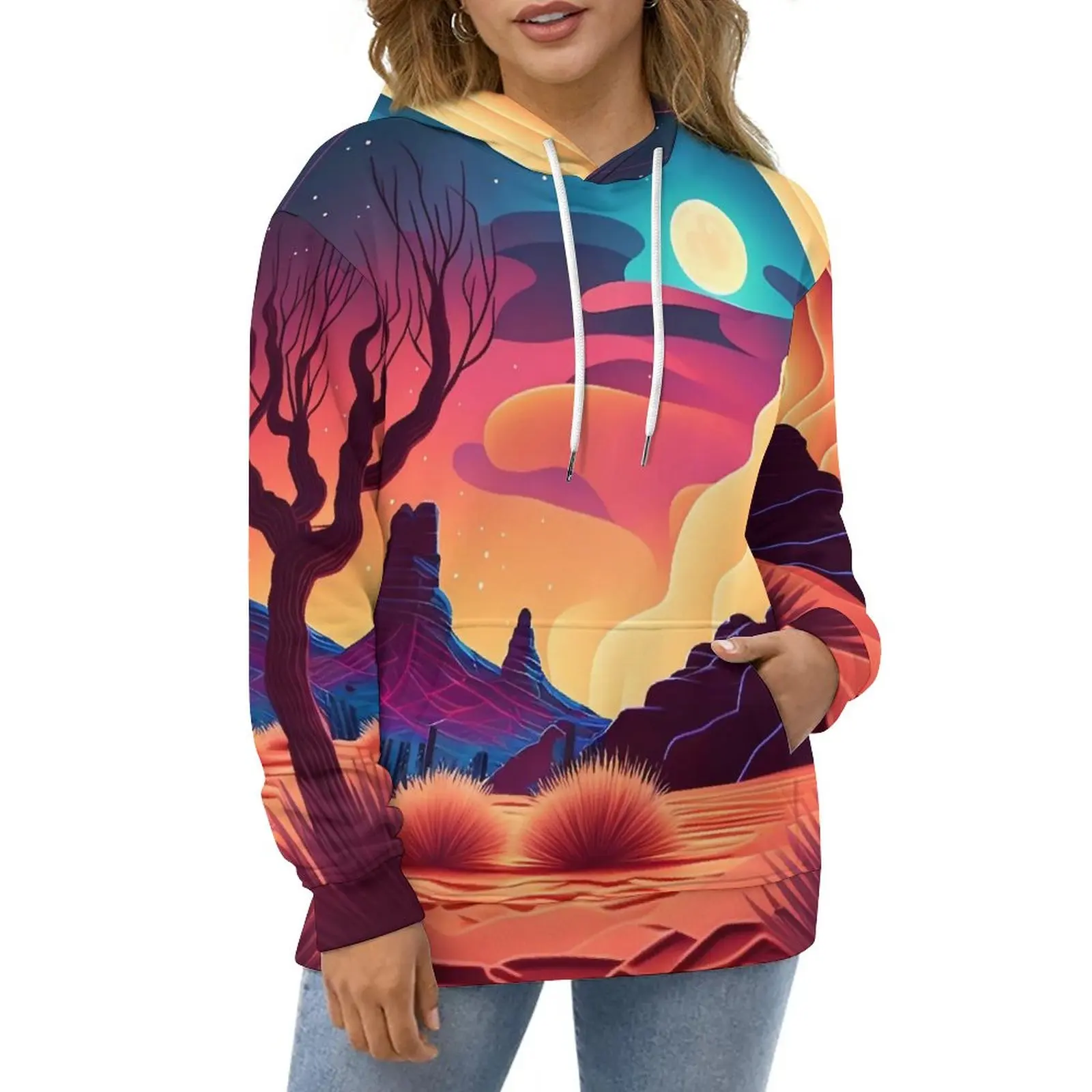 

Desert At Night Casual Hoodies Moon Print Y2k Custom Loose Hoodie Winter Long Sleeve Street Style Oversized Clothing