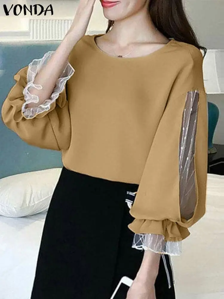 

Осенняя блузка 2022, новые женские Топы с длинным пышным рукавом, прозрачные рукава VONDA, винтажные однотонные рубашки, женские блузки, мешкова...