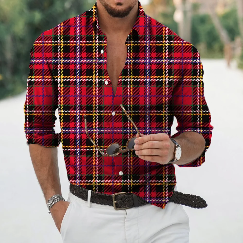 Autumn Plaid Shirts For Mens Blouse 3D Printed Plaid Long Sleeve Shirt Casual Oversized Tops Tees Shirt Homme Autumn Clothing