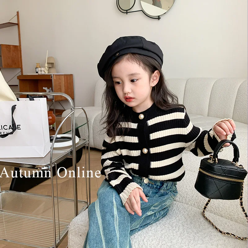 

baby girls stripes sweaters Korean rabbit fleece knitted coat cardigan long sleeve toddler kids clothing 2 to 12 yrs