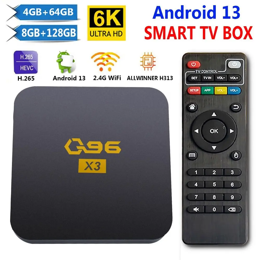 

Приставка Смарт-ТВ Q96 X3, Android 13, Allwinner H313, 4 ядра, 6K, HDR, UHD, 8 ГБ, 128 ГБ, 2,4 ГГц, Wi-Fi, медиаплеер, ТВ-приставка для домашнего кинотеатра