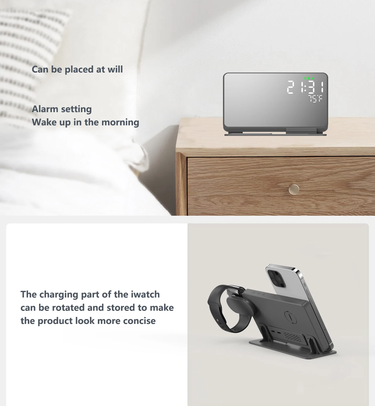 Wireless Charger 3 in 1 Charging Dock For iPhone14 13 12 11 Pro Fast Charger Stand for Apple Watch 8 7 6 5 4 3 with Alarm Clock