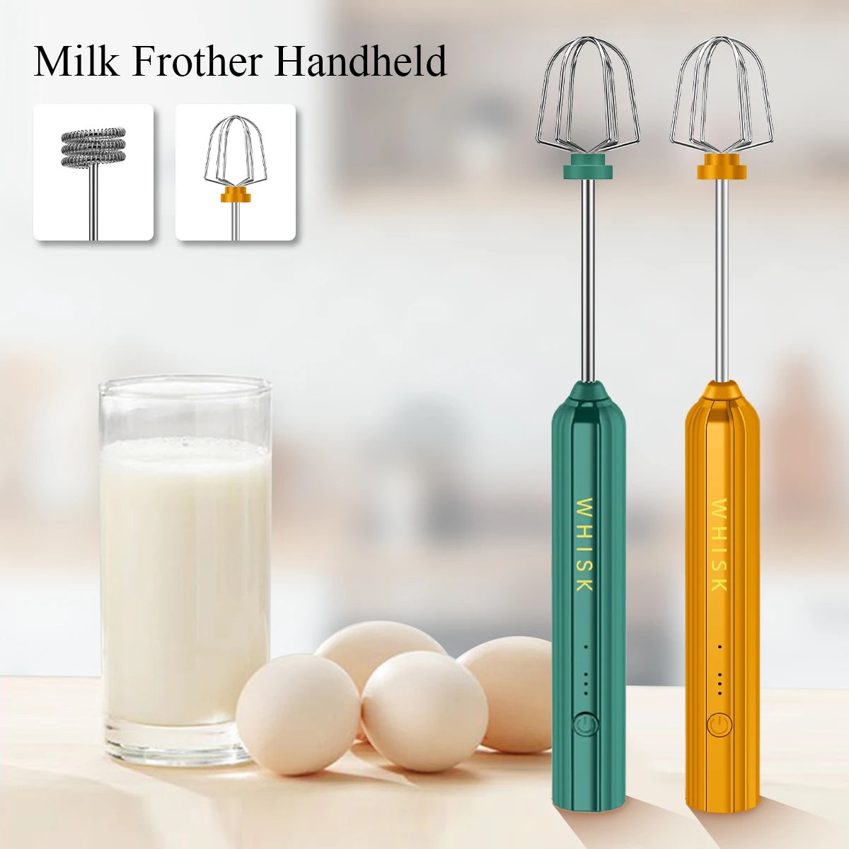 Electric Milk Frother Handheld Whisk Foam Maker with 2 Heads