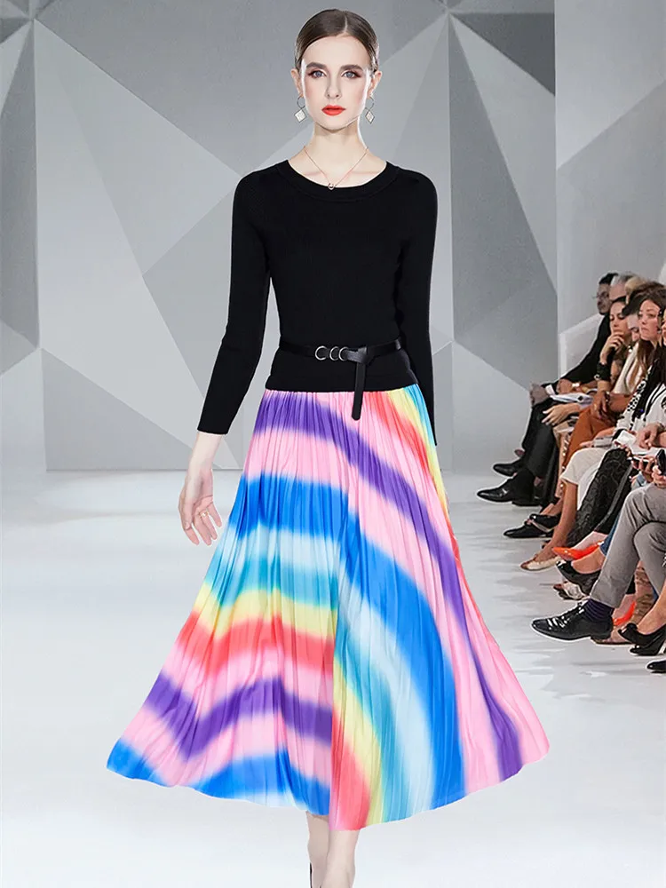 

High Quality Knitted Patchwork Printing Pleated Dresses For Women Winter Design High Waist Simple Midi Party Dress Female