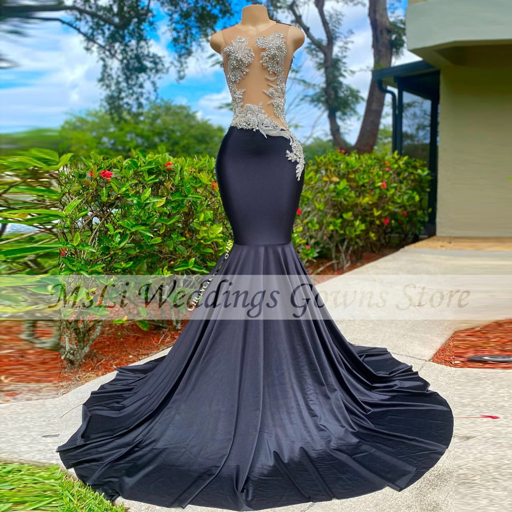 

Черные сексуальные платья-русалки для выпускного вечера для черных девушек без рукавов с бусинами прозрачный вырез Иллюзия выпускное вече...