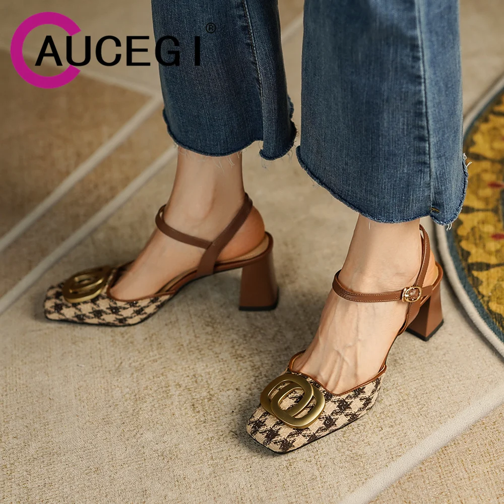 

Aucegi 2022 New Summer Thick High Heel Buckle Shoes Fashion Square Toe Metal Decorations Ladies Slingbacks Sandals Size 34-40
